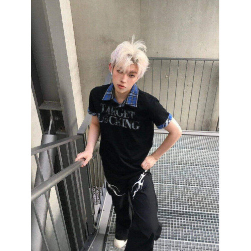 美式潮牌男T恤假兩件Polo衫短袖t恤男夏季新款潮牌美式印花五分袖