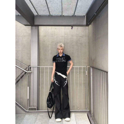 美式潮牌男T恤假兩件Polo衫短袖t恤男夏季新款潮牌美式印花五分袖