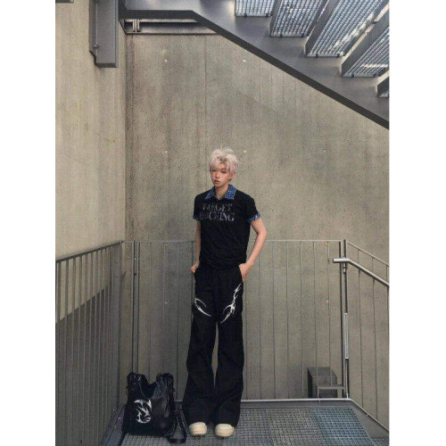 美式潮牌男T恤假兩件Polo衫短袖t恤男夏季新款潮牌美式印花五分袖