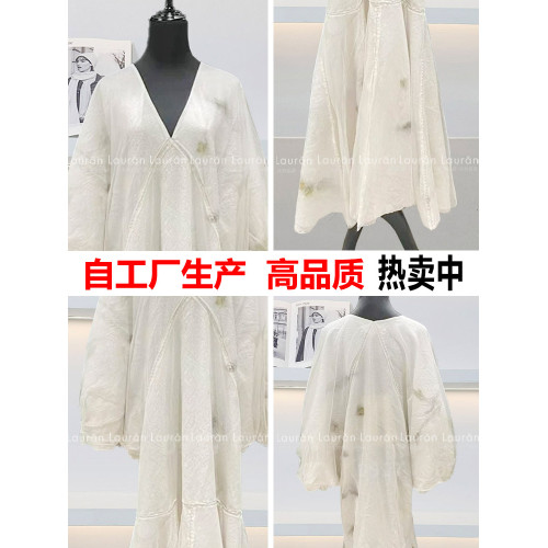 硃珠同款新中式v領雙層紗印花連衣裙女寬松顯瘦復古氣質度假長裙