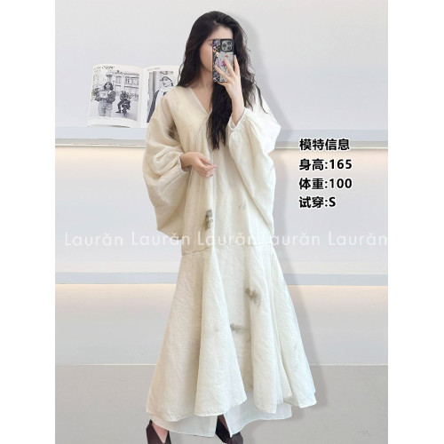 硃珠同款新中式v領雙層紗印花連衣裙女寬松顯瘦復古氣質度假長裙
