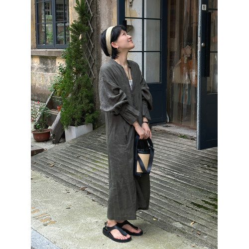 FURALI符合慄 亞麻長裙花瓣袖系帶全開襟春季白色連衣裙 22UD015A