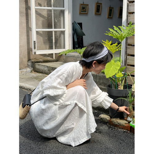 FURALI符合慄 亞麻長裙花瓣袖系帶全開襟春季白色連衣裙 22UD015A
