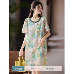 素木氣質釘鑽刺綉連衣裙女夏季2025年新款寬松女裝歐洲站大碼裙子