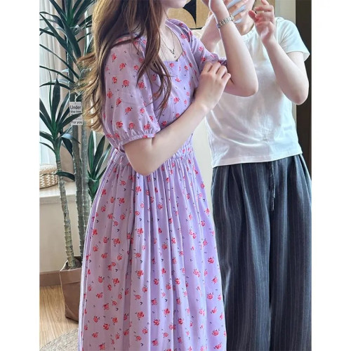 韓版棉綢連衣裙法式高級泡泡袖田園風甜美中長款大碼裙子顯瘦遮肉