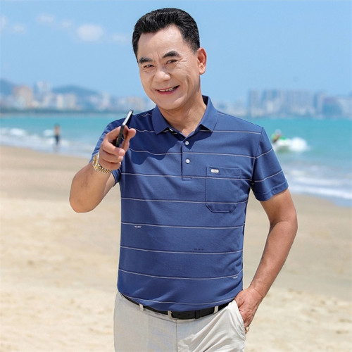 中年爸爸夏裝短袖男t恤薄款40-50嵗中老年人男士絲光棉polo衫上衣