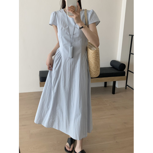 高級感氣質海邊度假風減齡連衣裙夏季短袖拼接顯瘦小衆收腰長裙女
