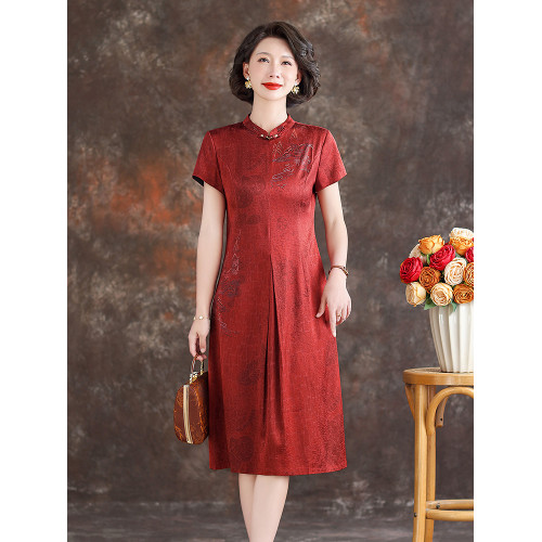 紅色真絲連衣裙女2025夏季新款喜婆婆婚宴禮服小個子媽媽桑蠶絲裙
