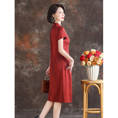 紅色真絲連衣裙女2025夏季新款喜婆婆婚宴禮服小個子媽媽桑蠶絲裙
