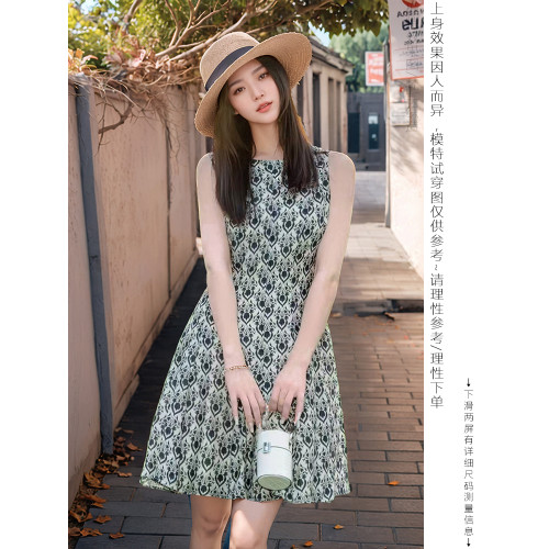 精緻小腰精~年輕款棉麻無袖連衣裙女夏季高級亞麻小個子印花a字裙