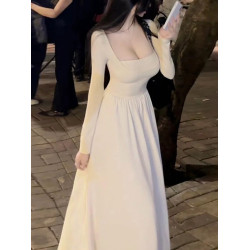 韓國東大門新款氣質溫柔性感辣妹顯身材U領低胸顯胸長袖連衣裙潮