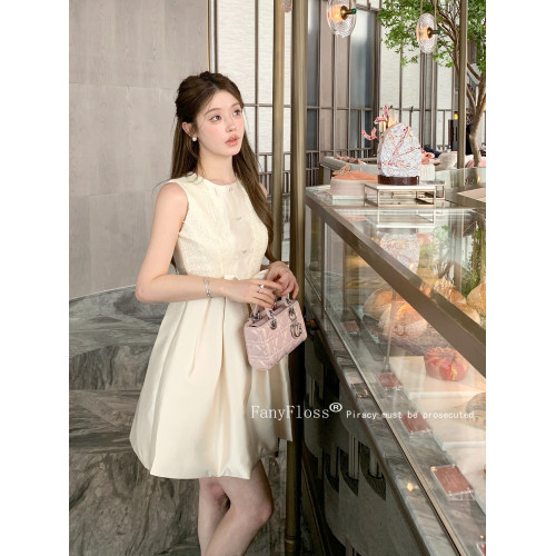 FanyFloss千金風蝴蝶結收腰亮絲連衣裙女夏小個子蕾絲圓領蓬蓬裙