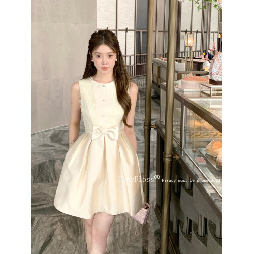 FanyFloss千金風蝴蝶結收腰亮絲連衣裙女夏小個子蕾絲圓領蓬蓬裙