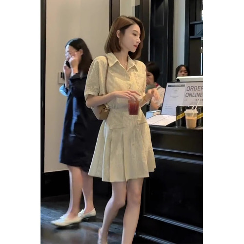 歐洲站法式短裙女夏季款精緻氣質淑女小香風條紋Polo襯衫連衣裙子