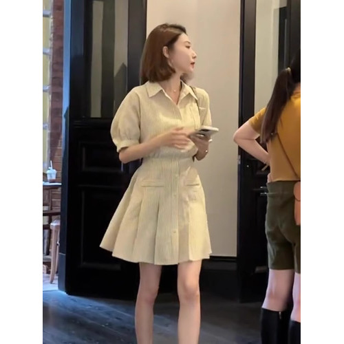 歐洲站法式短裙女夏季款精緻氣質淑女小香風條紋Polo襯衫連衣裙子