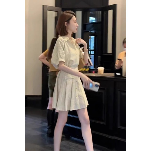 歐洲站法式短裙女夏季款精緻氣質淑女小香風條紋Polo襯衫連衣裙子