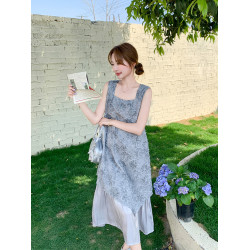 灰色不規則提花無袖連衣裙2025新款女夏假兩件獨特巨好看背心裙子