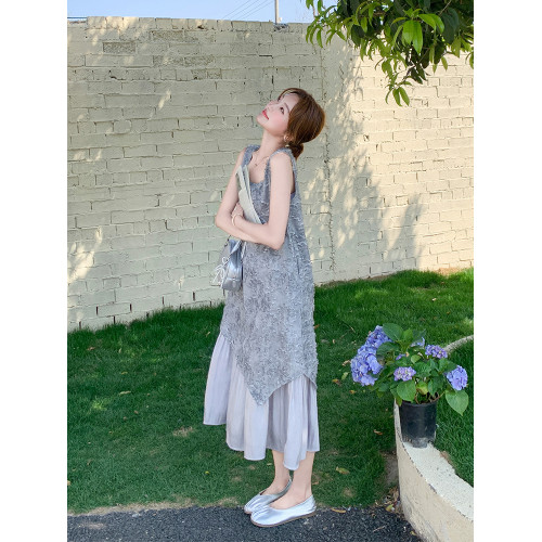 灰色不規則提花無袖連衣裙2025新款女夏假兩件獨特巨好看背心裙子
