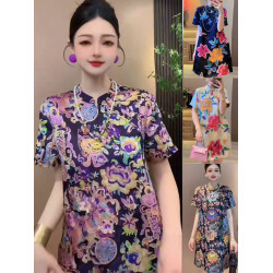 大碼夏季新款高級感新中式氣質連衣裙女國潮風提花盤釦顯瘦旗袍裙