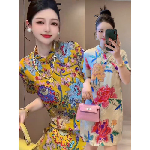 大碼夏季新款高級感新中式氣質連衣裙女國潮風提花盤釦顯瘦旗袍裙