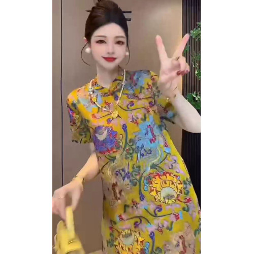 大碼夏季新款高級感新中式氣質連衣裙女國潮風提花盤釦顯瘦旗袍裙