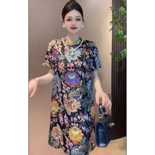 大碼夏季新款高級感新中式氣質連衣裙女國潮風提花盤釦顯瘦旗袍裙
