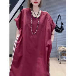 2025夏季新款撞色側條紋短袖連衣裙女洋氣百搭寬松長款過膝長裙潮