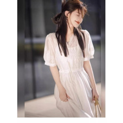歐洲站法式白色連衣裙2025新款女夏季小個子氣質高級絕美仙女長裙