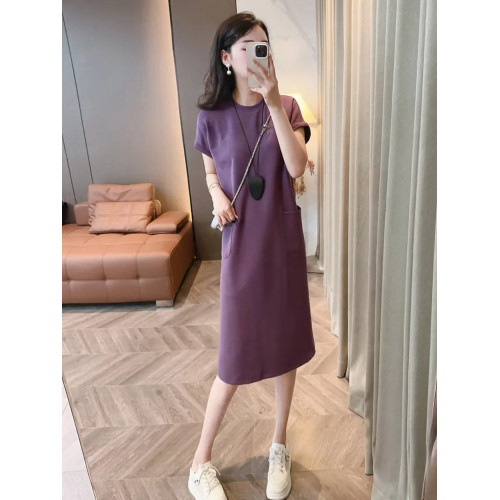 韓國時尚簡約氣質休閒開叉連衣裙女2025夏季百搭寬松中長款衛衣裙