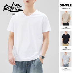 Rolenz高級奢侈品名牌短袖男t恤2024夏季純白色休閒寬松v領上衣服