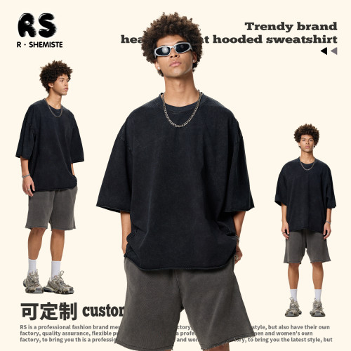 RS男裝 |Boxy版型蠟洗炒雪花毛邊短袖260G純棉短款設計t恤男T恤