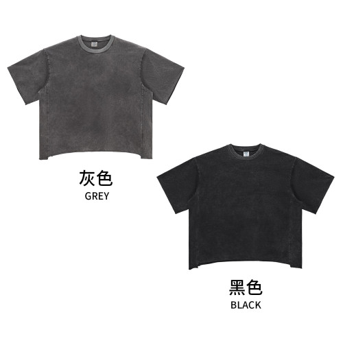 RS男裝 |Boxy版型蠟洗炒雪花毛邊短袖260G純棉短款設計t恤男T恤