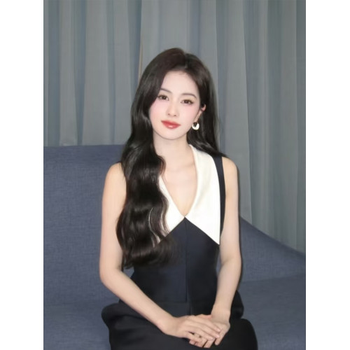 馮琳白鹿同款撞色無袖赫本風高級感連衣裙女高腰顯瘦氣質禮服長裙