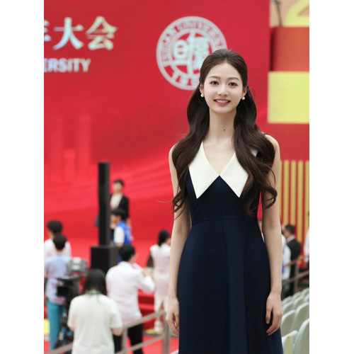 馮琳白鹿同款撞色無袖赫本風高級感連衣裙女高腰顯瘦氣質禮服長裙