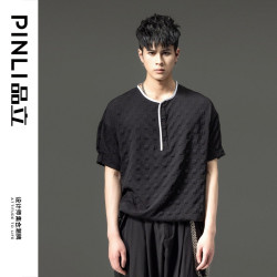 PINLI品立男t恤2023夏季新款潮流領口設計格子提花男士半袖體恤男