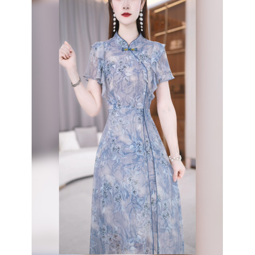 玖慕新中式印花連衣裙女夏季2025新款收腰復古淑女風改良旗袍裙子