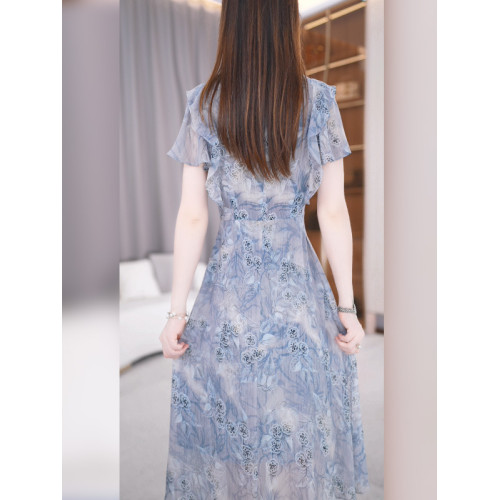 玖慕新中式印花連衣裙女夏季2025新款收腰復古淑女風改良旗袍裙子