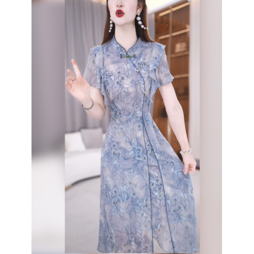 玖慕新中式印花連衣裙女夏季2025新款收腰復古淑女風改良旗袍裙子