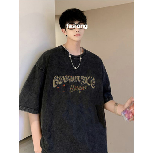 美式潮牌復古做舊短袖男t恤夏季新款潮流200斤大碼寬松水洗上衣服