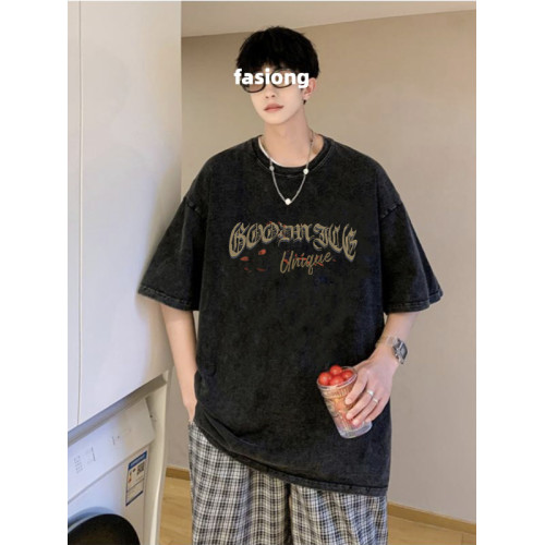 美式潮牌復古做舊短袖男t恤夏季新款潮流200斤大碼寬松水洗上衣服
