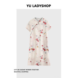 剪標原單女裝新中式高級苧麻印花立領盤釦開衩改良旗袍連衣裙