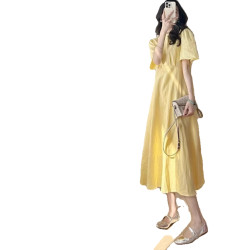 歐洲站夏季女裝2025新款茶歇法式桔梗長裙遮肚子顯瘦黃色連衣裙
