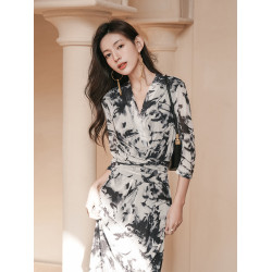 印象水墨~裹身裙女夏2025春夏女裝新款氣質包臀網紗水墨畫連衣裙