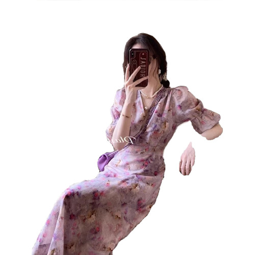 歐洲站夏季女裝2025新款法式高級感氣質v領碎花長裙子紫色連衣裙