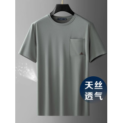 意大利高級天絲短袖男T恤夏季薄款中年圓領休閒運動半袖冰絲透氣