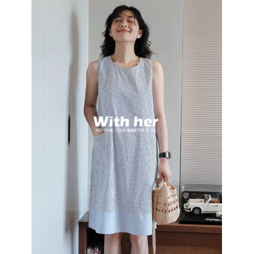 與她原創小衆設計 A字襯衫拼接撞色無袖短款學生母女親子連衣裙女