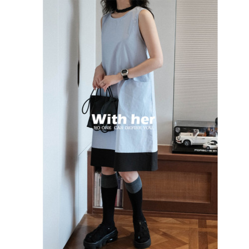 與她原創小衆設計 A字襯衫拼接撞色無袖短款學生母女親子連衣裙女