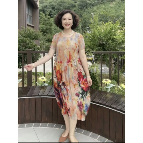夏季連衣裙中老年媽媽真絲褶皺薄款中長款大碼寬松彈力顯瘦遮肚裙