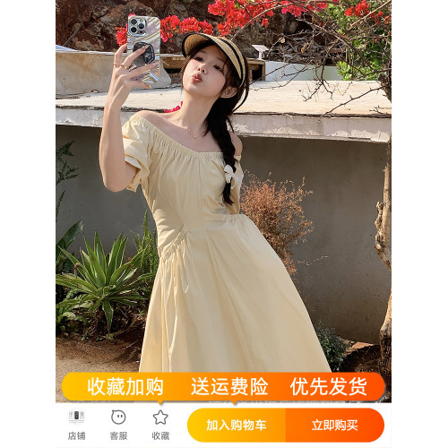 黃色絕美連衣裙夏2025新款氣質溫柔風泡泡袖V領別致收腰顯瘦裙子