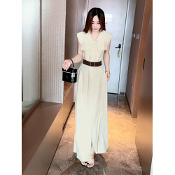 法式高級感無袖翻領連衣裙女2025夏季新款收腰開叉顯瘦背心長裙子
